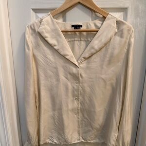 Theory Womens S Silk Long Sleeve Button-Up Blouse Ivory Elegant Business Casual